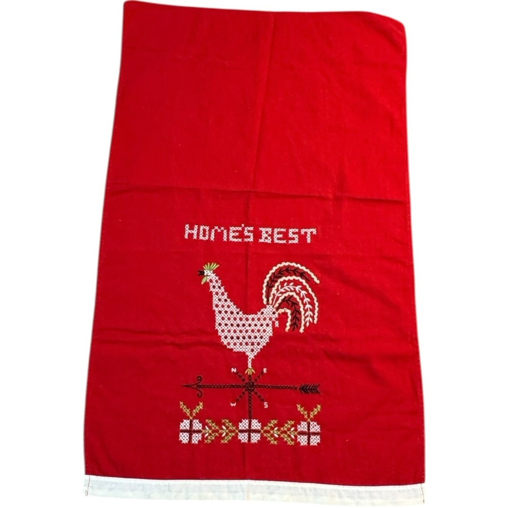 Vintage Handmade Cross Stitch Tea Towel Rooster Country Fall Kitschy MCM Red